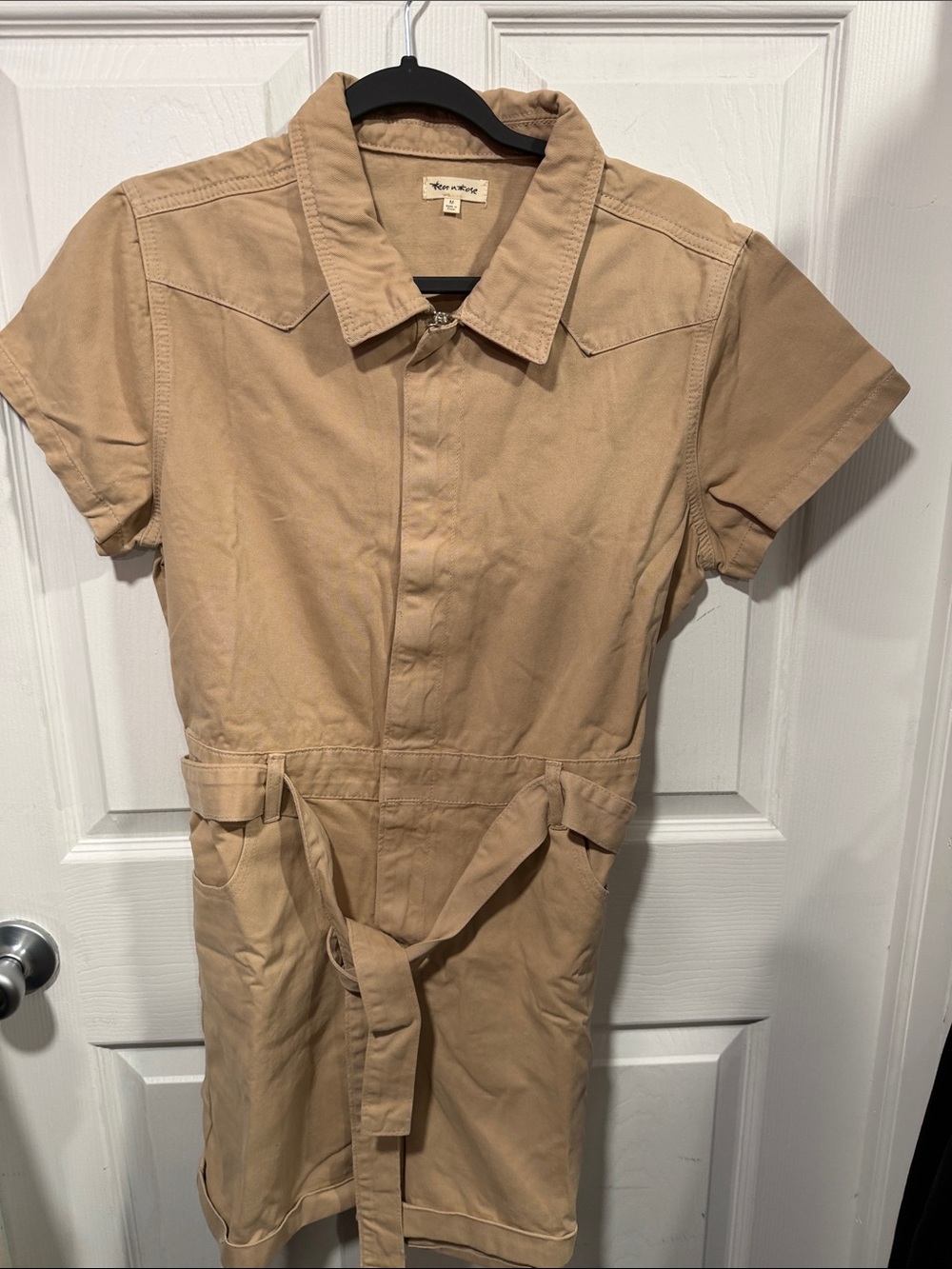 Utility Shirt Romper with Tie Belt - Khaki